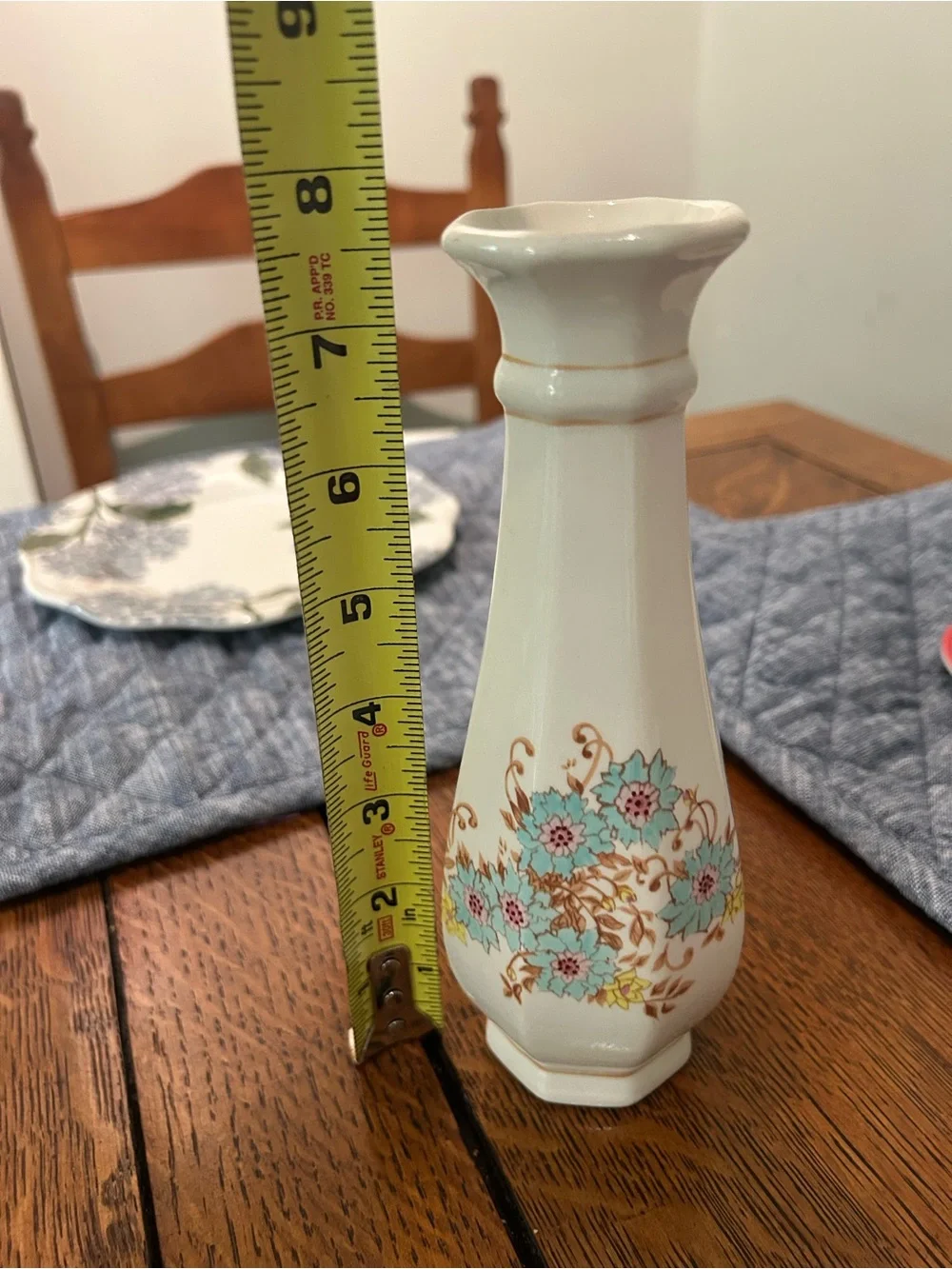 Vintage Floral porcelain Bud Vase in White and Turquoise